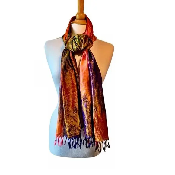 Silk Bright Colorful Jeweltone Brocade Hombre Sari Rectangular Scarf - Picture 5 of 8